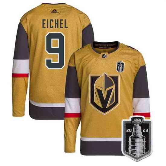 Men Vegas Golden Knights 9 Jack Eichel Gold 2023 Stanley Cup Final Stitched Jersey